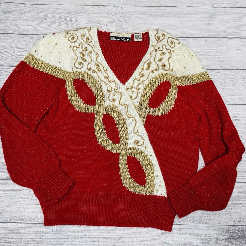 Dana Scott Vintage 80/90s Sweater Large‎ Red White Gold Granny Evening Holiday